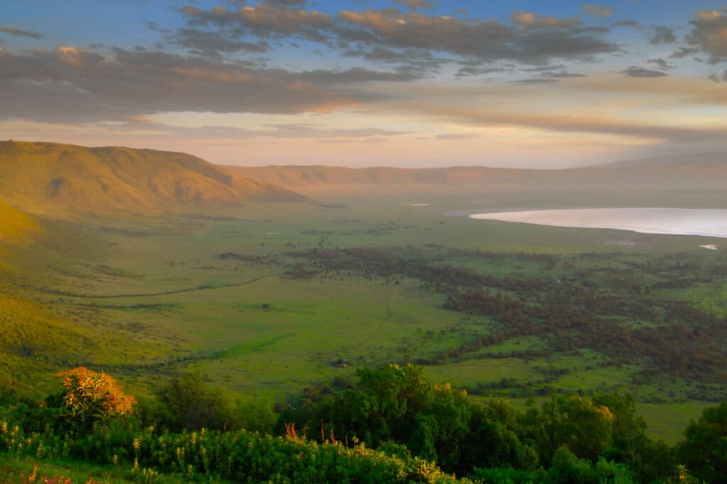 Scenic panorama of a crater in Tanzania at sunset